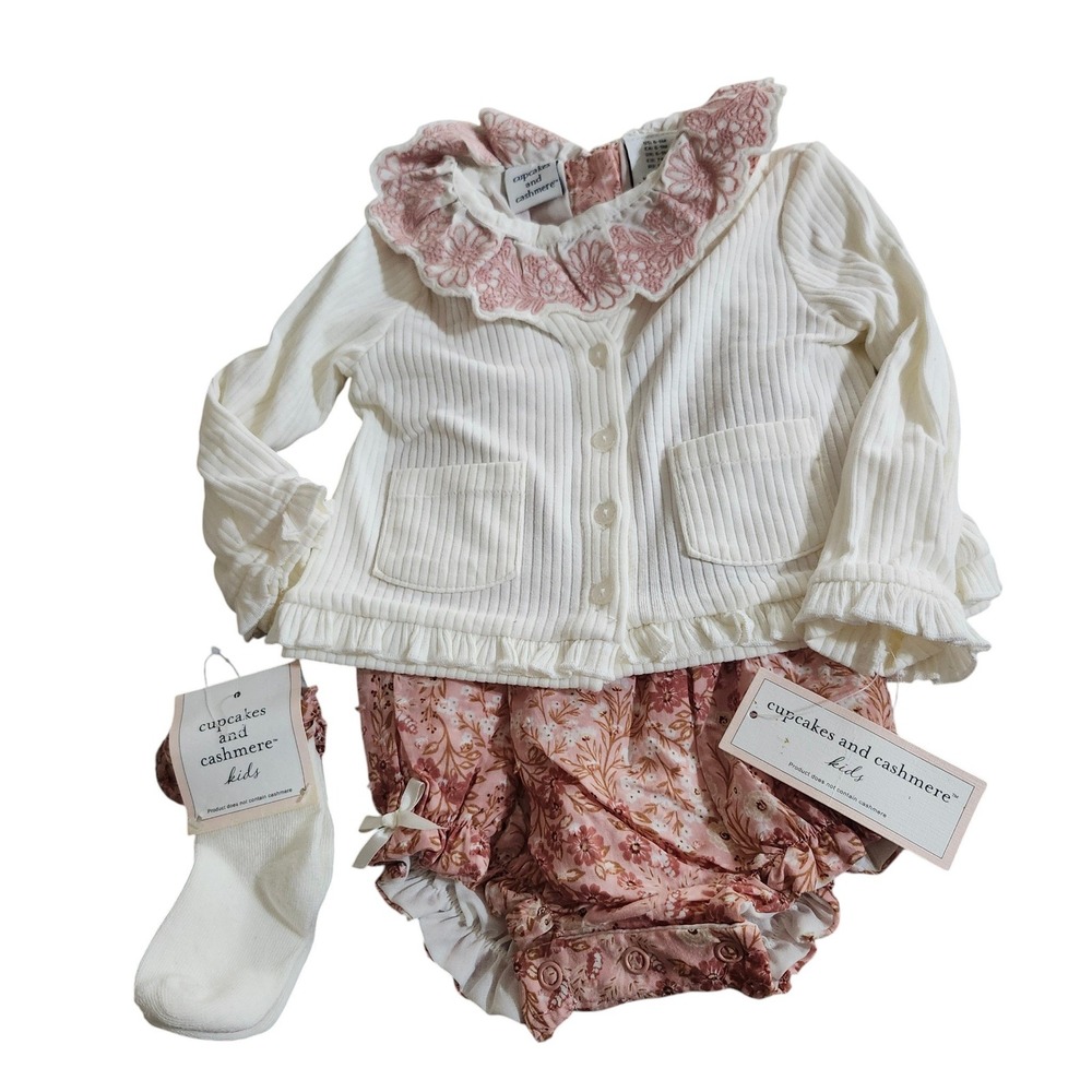 NEW Cupcakes and Cashmere Baby Girl 3Pc Floral Romper Cardigan Set Pink 6-9M